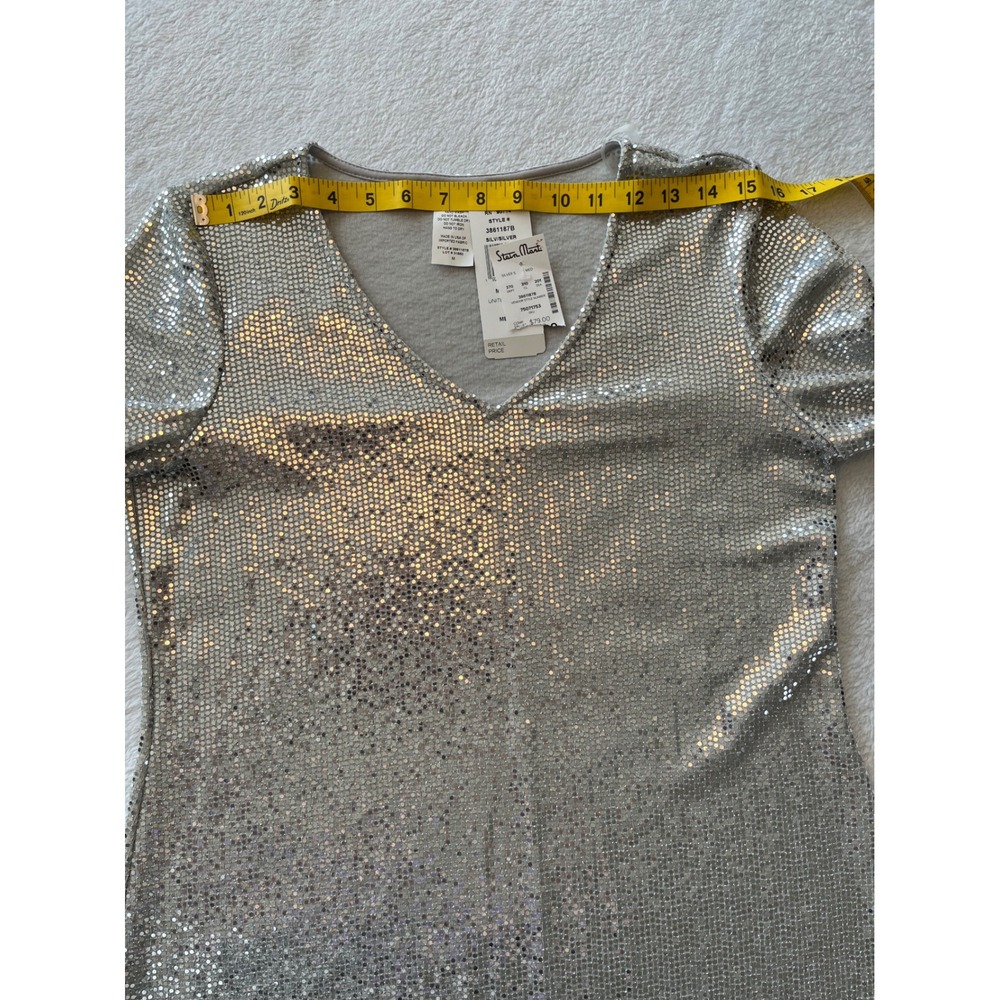 Prelude Silver Sequin Bell Sleeve V Neck Top‎ Size Medium - Picture 3 of 7